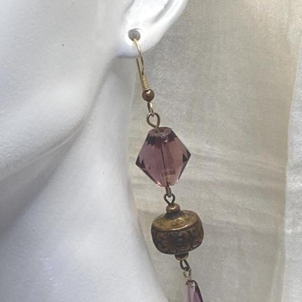 Vintage 70s Purple Faceted Bead Earrings Ornate Antiqued Brass Floral Dangles